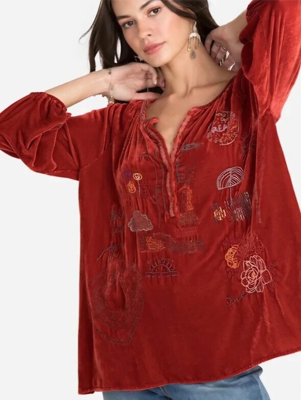 Johnny Was Zuri Silk-Blend Velvet Tunic Blouse XXS